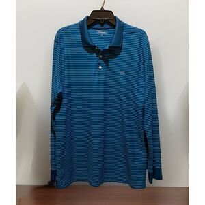 Crown & Ivy Shirt Men's Size Med Blue Striped‎ Long Sleeve Golf Polo Preppy